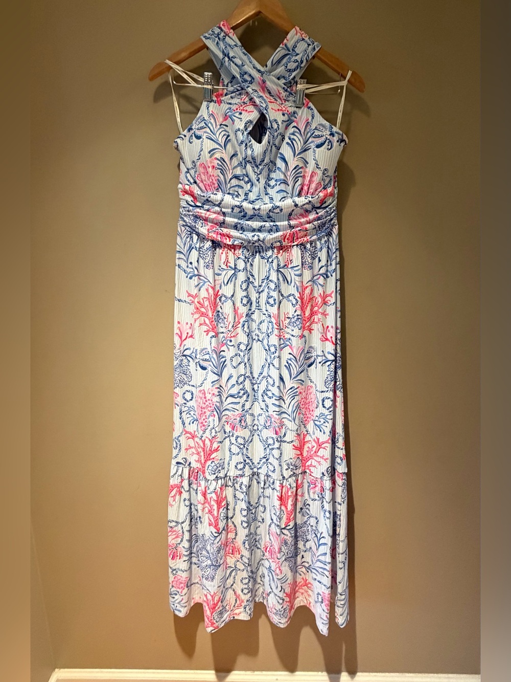 Lilly Pulitzer White Maxi Dress with Blue & Pink Floral Naut Today large NWT